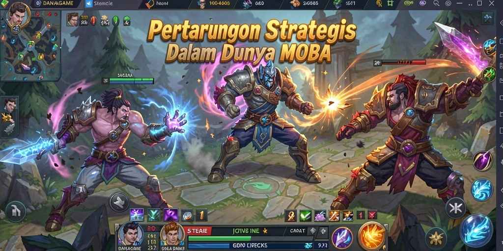 Tangkapan layar utama DANAGAME menampilkan aksi seru dalam pertempuran MOBA.